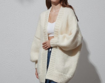 Hand knit oversize woman sweater chunky slouchy Mohair wool long cardigan white cream