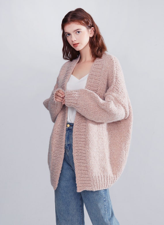 Hand Knit Oversize Woman Sweater Chunky Slouchy Dusty Pink Mohair Wool Long Cardigan Etsy
