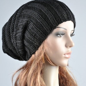 Hand knit hat Black Chunky Wool Hat slouchy hat rib hat