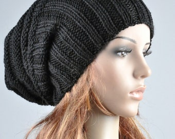 Hand knit hat Black Chunky Wool Hat slouchy hat rib hat