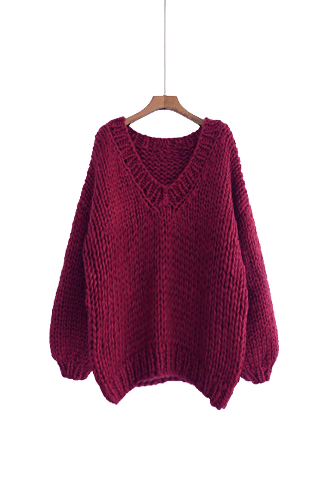 Hand Knit Cotton Blend Oversize Sweater - Wine Burgundy Slouchy V