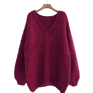 Hand knit COTTON sweater oversize woman sweater V-neck slouchy Wine burgundy sweater