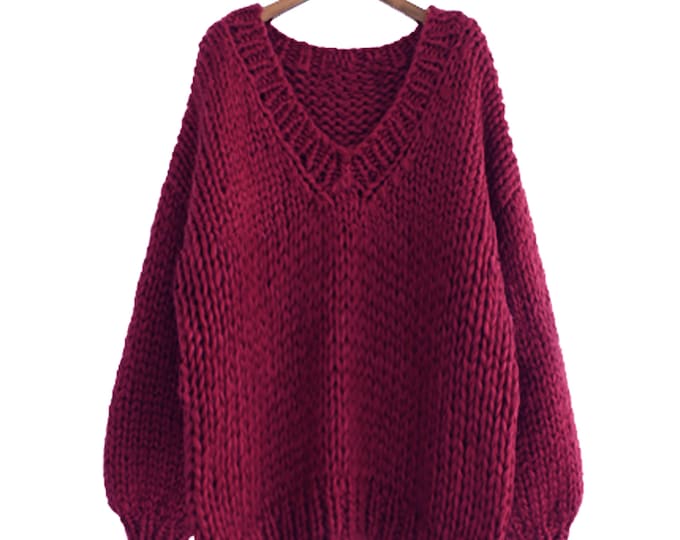 Hand knit COTTON sweater oversize woman sweater V-neck slouchy Wine burgundy sweater
