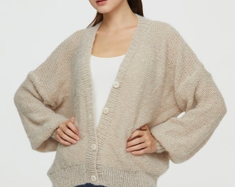 Hand knit oversize woman sweater Mohair sweater button front cardigan wheat