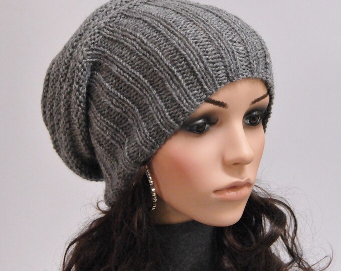 Hand knit hat dark grey charcoal Chunky Wool Hat slouchy hat