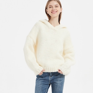 Hand knit oversize woman unisex pullover hoodie sweater slouchy wool cream sweater