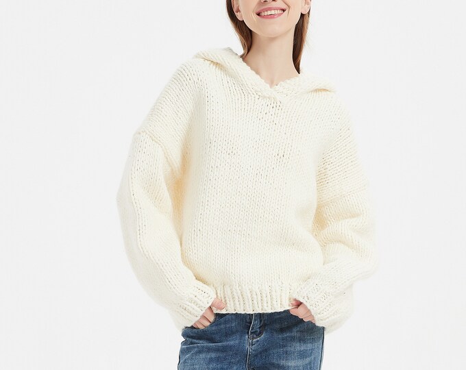 Hand knit oversize woman unisex pullover hoodie sweater slouchy wool cream sweater