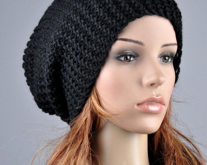 Hand Knit Hat woman man unisex hat chunky hat wool Black Slouchy Hat