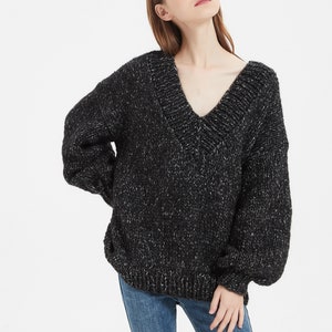 Hand knit WOOL sweater oversize woman sweater V-neck slouchy black white sweater