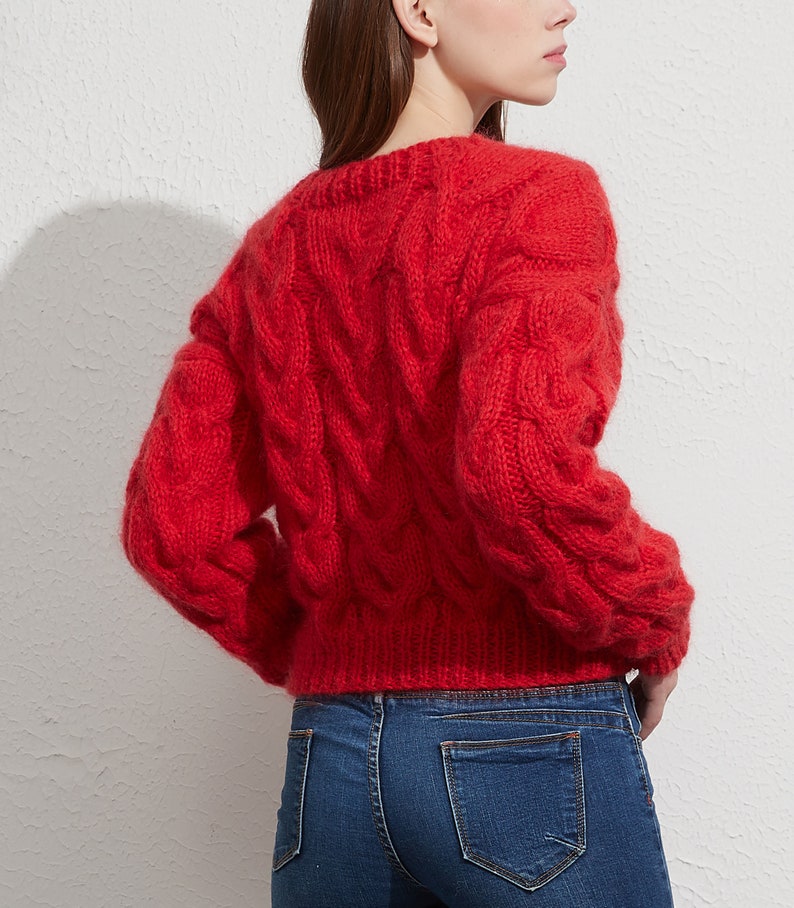 Hand knit oversize woman sweater Cross front knit pullover mohair red sweater image 4