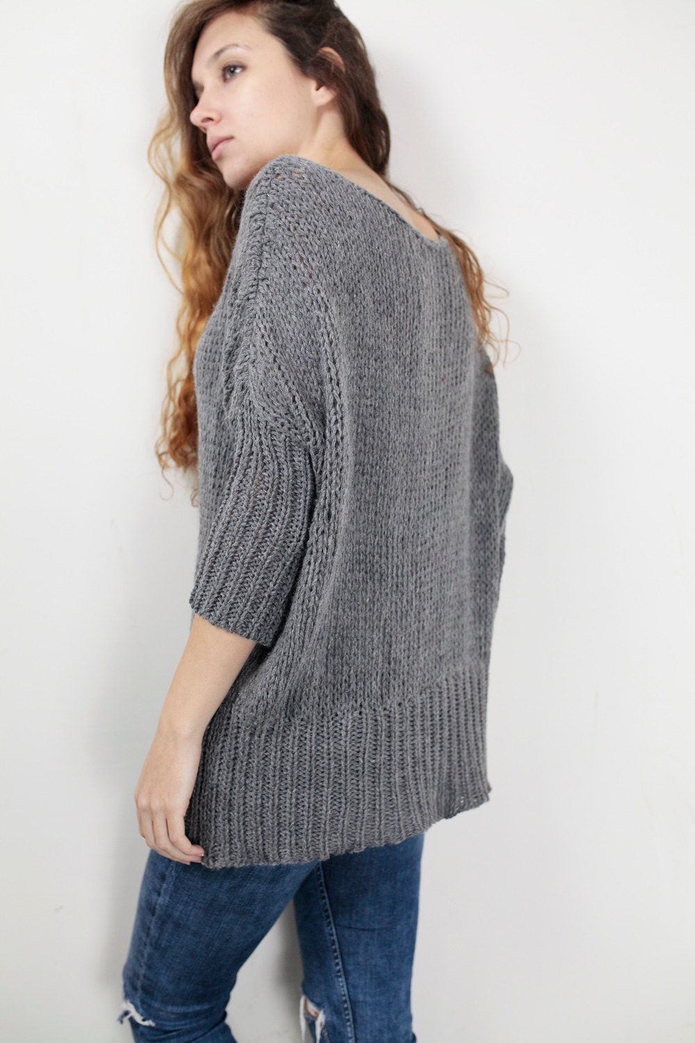 OVERSIZED Hand knit Woman sweater/ Knit sweater kimono sleeve grey ...