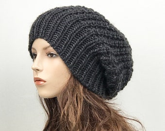 Hand Knit Chunky Wool Slouchy Hat - Charcoal Winter Beanie
