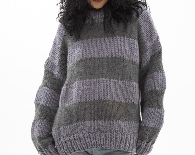 Hand knit woman sweater super chunky wool yarn Jumper knit striped sweater top pullover