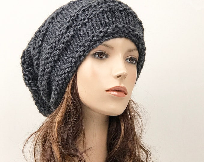 Hand knit hat woman unisex wool hat Oversized charcoal Chunky Slouchy hat
