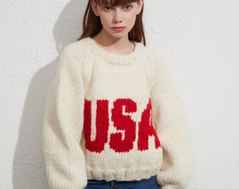 Hand knit woman pullover sweater slouchy pure wool crewneck USA sweater