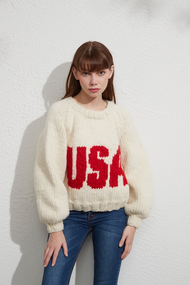 Hand knit woman pullover sweater slouchy pure wool crewneck USA sweater image 1
