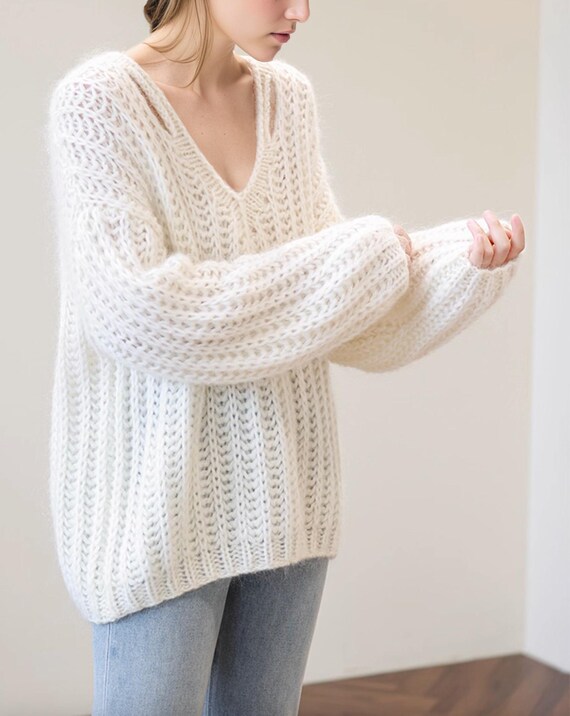 Hand Knit Oversize Woman Sweater V-neck Slouchy Mohair Pullover