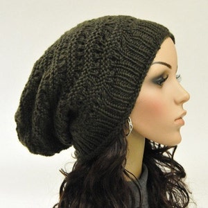 Hand knit hat Olive Green Chunky Hat unisex slouchy hat