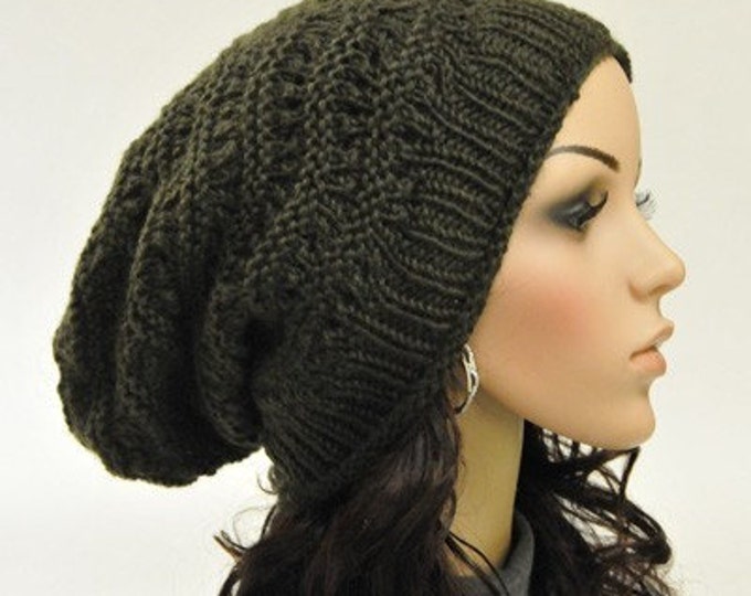 Hand knit hat Olive Green Chunky Hat unisex slouchy hat