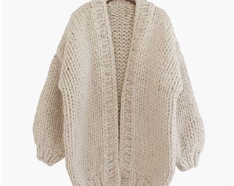 Hand knit oversize woman sweater chunky slouchy wool cardigan