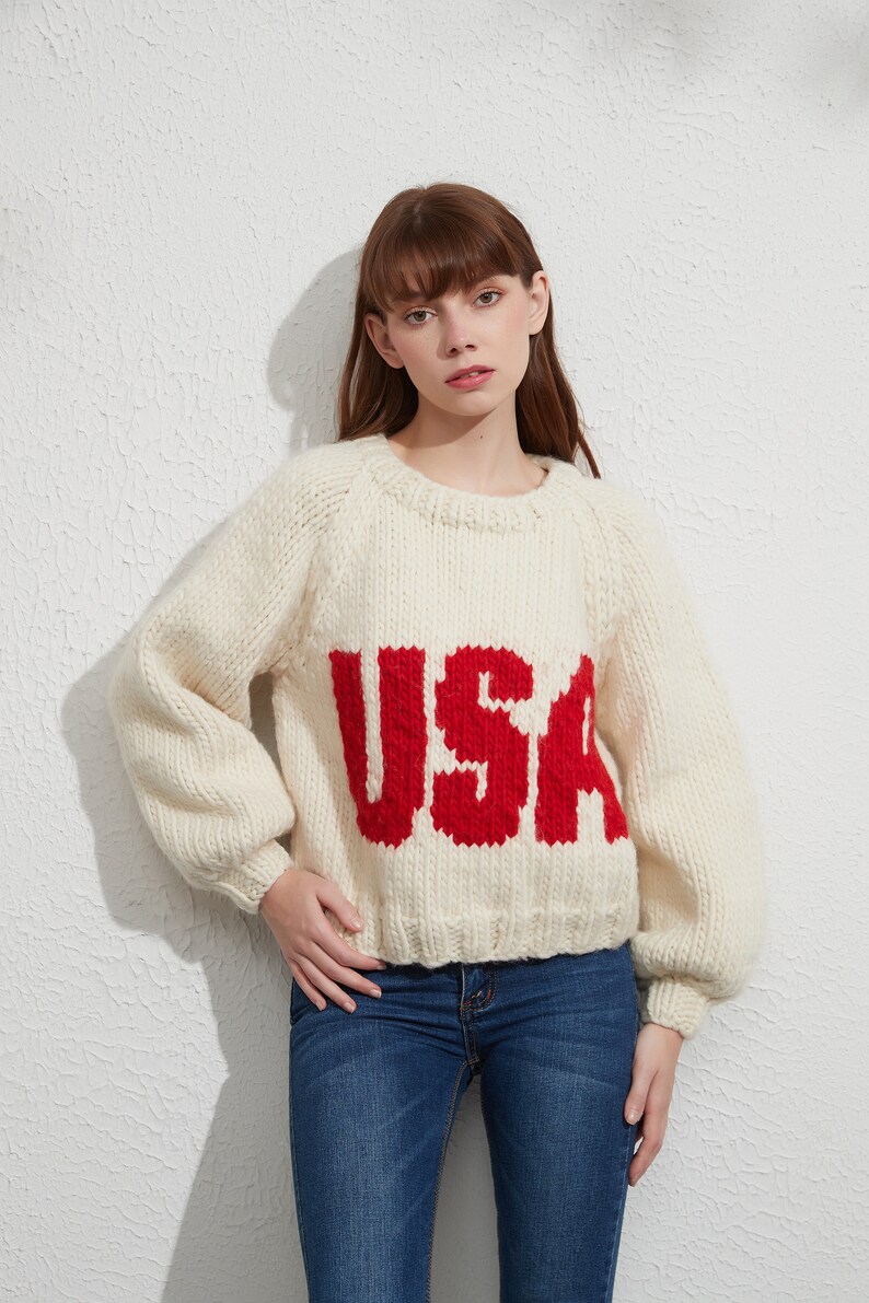 Hand knit woman pullover sweater slouchy pure wool crewneck USA sweater image 2