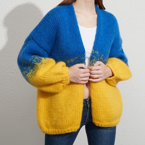 Hand knit woman sweater mohair cardigan sweater top blue