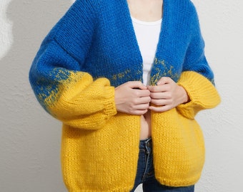 Hand knit woman sweater mohair cardigan sweater top blue