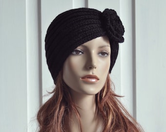 Hand Knit Hat Wool black hat Beret Hat crochet flower