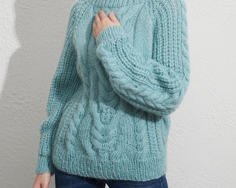 Hand knit woman pullover sweater mohair boatneck cable knit sweater Aqua