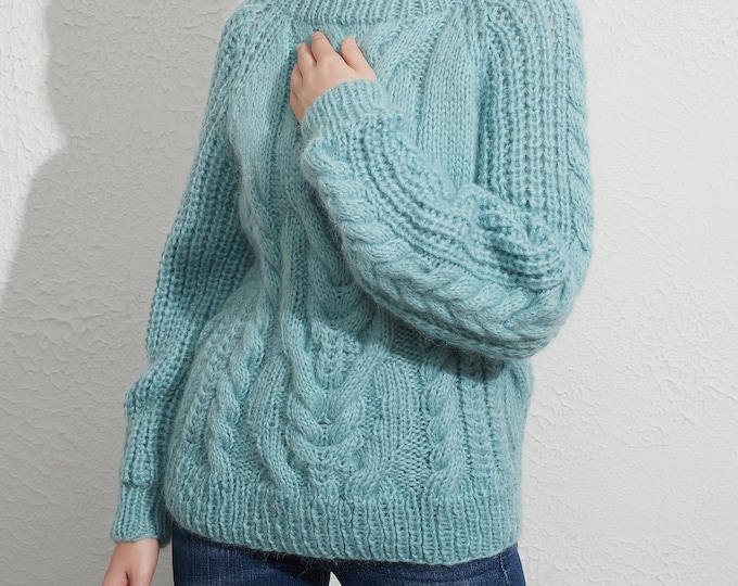 Hand knit woman pullover sweater mohair boatneck cable knit sweater Aqua