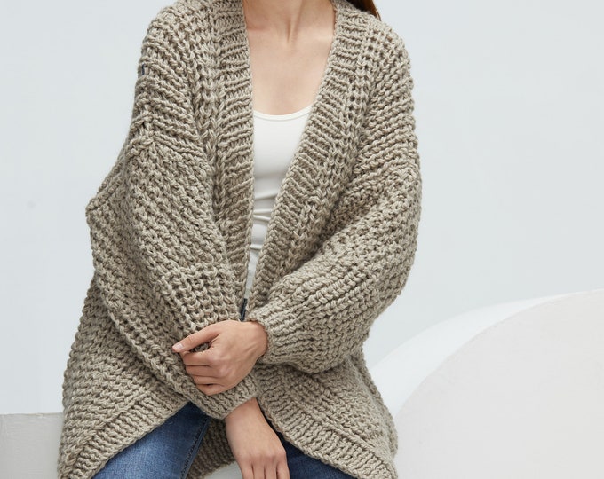 Hand knit oversize woman sweater chunky slouchy Almond wool cardigan