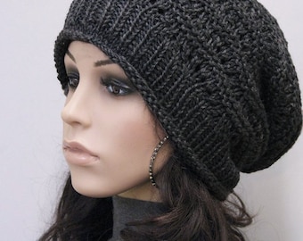 Hand Knit Black Wool Slouchy Hat, Unisex Winter Beanie