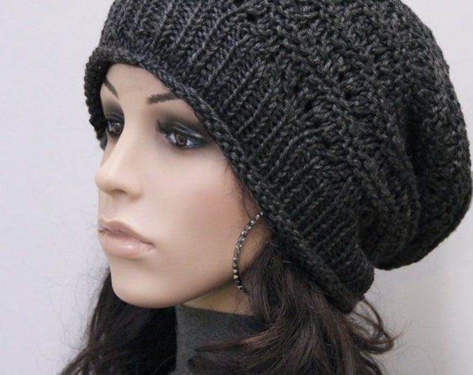 Hand Knit hat unisex hat winter hat black hat Wool Hat, slouchy hat