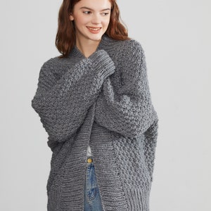 Hand knit oversize woman sweater chunky slouchy charcoal wool cardigan