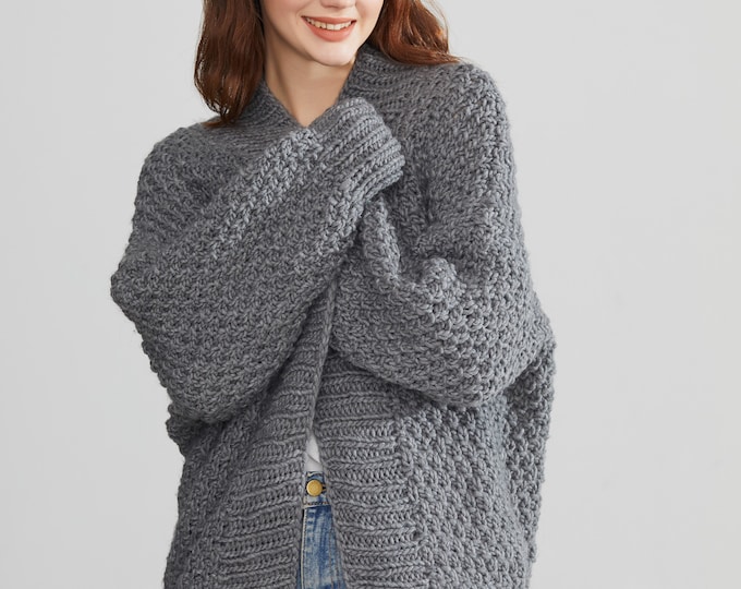 Hand knit oversize woman sweater chunky slouchy charcoal wool cardigan