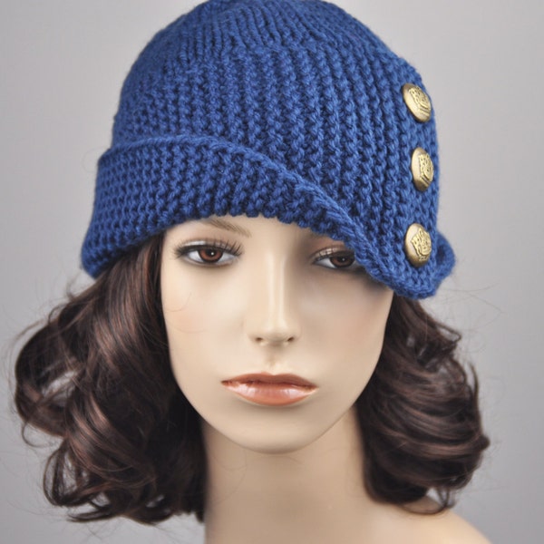 Hand knit wool hat woman beret hat Fold band hat blue hat button hat