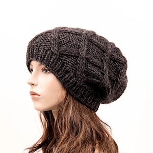 Hand Knit Hat woman oversize chunky slouchy hat winter hat wool Beret Hat Charcoal Beanie hat