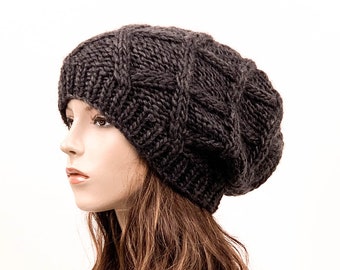 Hand Knit Hat woman oversize chunky slouchy hat winter hat wool Beret Hat Charcoal Beanie hat