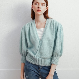 Hand knit woman sweater mohair Light weight short puff sleeve cross front  sweater Misty blue