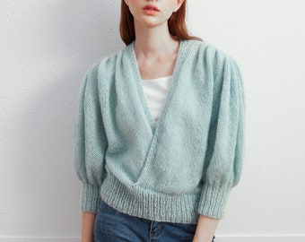 Hand knit woman sweater mohair Light weight short puff sleeve cross front  sweater Misty blue