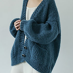 Hand knit oversize woman sweater Mohair sweater button front cardigan pocket foggy blue