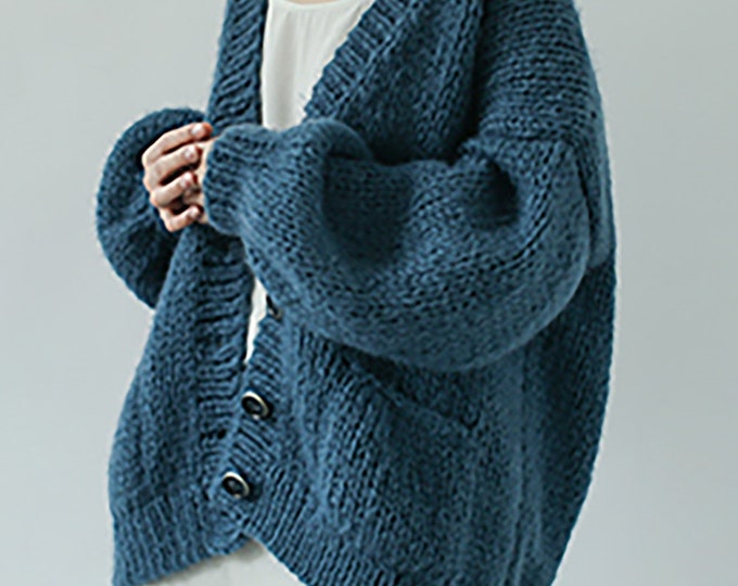 Hand knit oversize woman sweater Mohair sweater button front cardigan pocket foggy blue