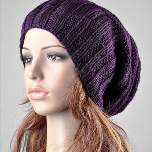 Hand knit chunky hat slouchy hat rib band hat purple hat - ready to ship