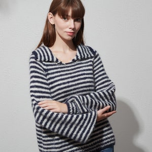 Hand knit woman sweater mohair Jumper knit striped sweater top pullover flip collar