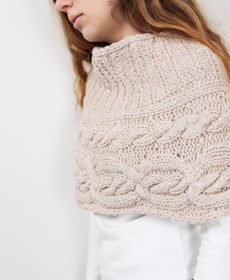 Hand knit woman poncho charcoal capelet Chunky Neck Warmer/Cowl/Tube Scraf cable pattern image 6