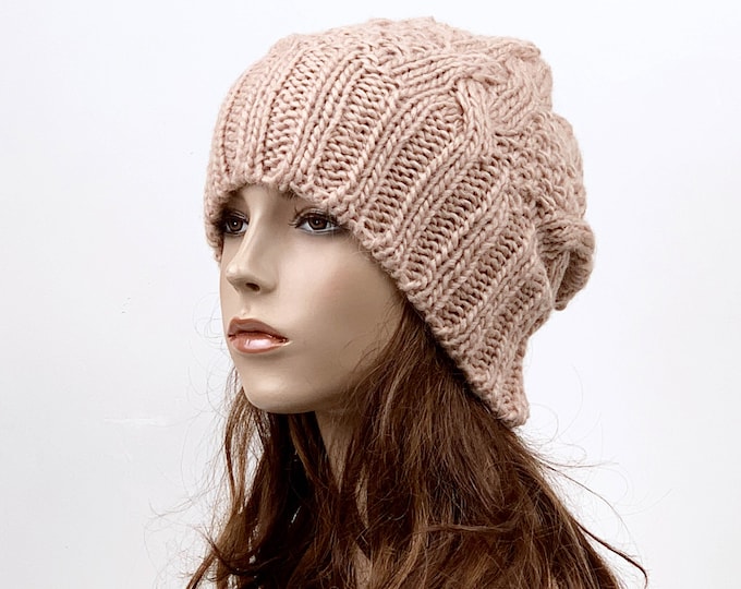 Hand knit hat Wool hat woman Hat slouchy hat Wheat hat
