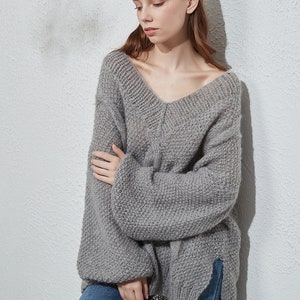 Hand knit oversize woman sweater crewneck slouchy mohair pullover cable knit sweater image 1