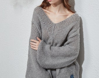 Hand knit oversize woman sweater crewneck slouchy mohair pullover cable knit sweater