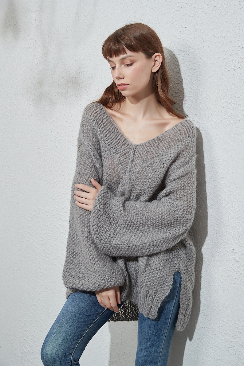 Hand knit oversize woman sweater crewneck slouchy mohair pullover cable knit sweater image 1