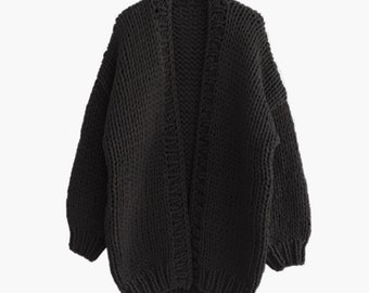 Hand knit oversize woman sweater chunky slouchy Black cardigan